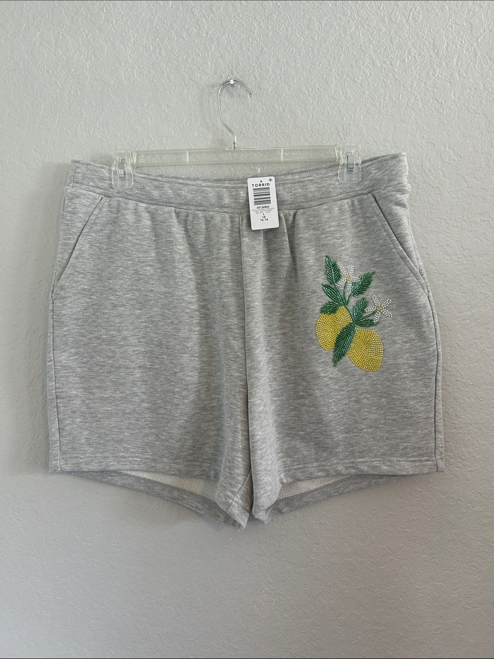 torrid Gray Knit Athletic Shorts with Yellow Lemon Embroidery